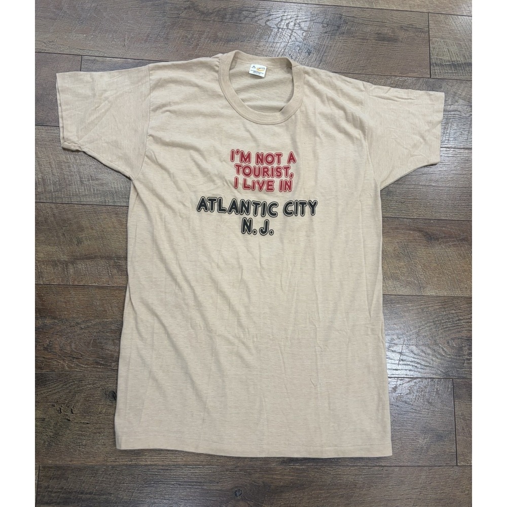 Vintage 80s Atlantic City, NJ Not A Tourist Slogan Tee Tan Medium Made In USA